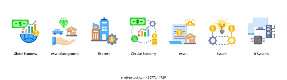 Global Assets web banner vector illustration featuring Global Economy, Asset Management, Expense, Circular Economy, Asset, System, and IT Systems.