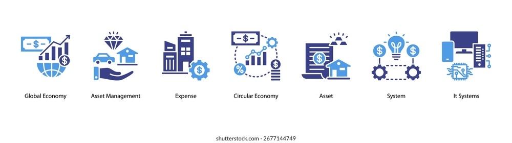 Global Assets web banner vector illustration featuring Global Economy, Asset Management, Expense, Circular Economy, Asset, System, and IT Systems.