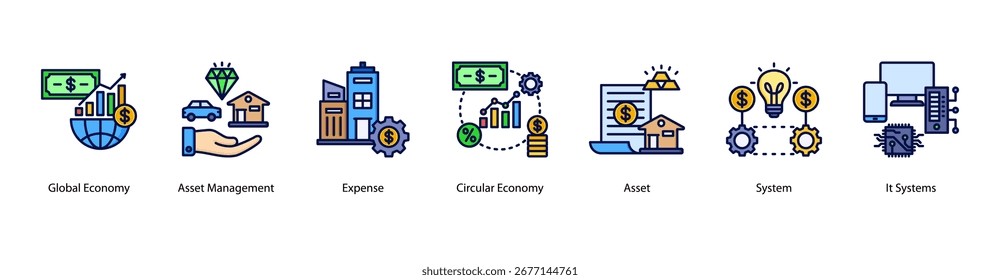 Ilustración vectorial global de Anuncio de Web de Elementos con economía global, gestión de activos, gastos, economía circular, activos, sistemas y sistemas de TI.