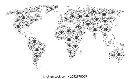 Global atlas composition constructed of spider elements. Vector spider items are united into geometric continental map.