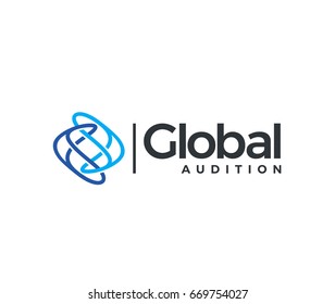 Global Auditio logotype. Two arrows fused together in a chain, located to each other in different directions, lines resembling the earth. Global network or transport.
