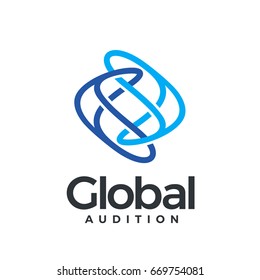 Global Auditio logotype. Two arrows fused together in a chain, located to each other in different directions, lines resembling the earth. Global network or transport.