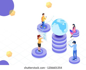 Diseño de plantillas web basadas en el concepto de Realidad Aumentada Global, análisis de datos de personas de negocios en miniatura sobre el fondo de la red.