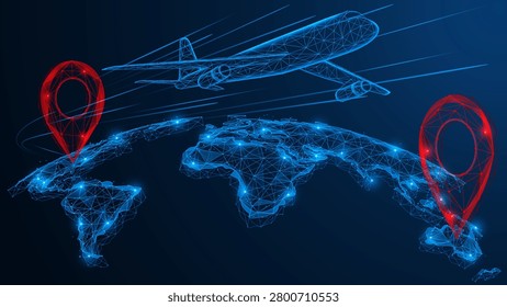 Global aviation network and international logistics. A passenger plane flying over a digital world map. Red geolocation markers indicate the points of departure and destination.