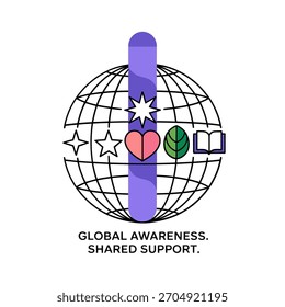 Globales Bewusstsein geteiltes Unterstützungsabzeichen, vertikale lila Schleife über Globus, Bildung Gesundheit Wohltätigkeitssymbole, humanitäre Einheit Vektor