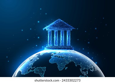 Banca global, gobernanza internacional, gestión financiera mundial concepto futurista en estilo poligonal bajo brillante sobre fondo azul oscuro. Ilustración de vector de diseño de conexión abstracta moderna.