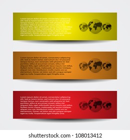 Global Banner or Header Design Trio – Horizontal Infographic Layout with Placeholder Text and World Globe Icons. A set of three horizontal infographic banners stacked vertically, each featuring a distinct background color: yellow-green (top), orange-brown (middle), and red (bottom). Each banner includes a block of placeholder text aligned to the left and three globe icons aligned to the right, representing different regions of the world. This clean and colorful layout is ideal for use in presentations, editorial graphics, educational materials, and branding visuals. Suitable for both commercial and editorial use across print and digital platforms.