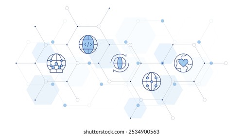 Global Banner Vector Illustration with Icon Style in Between. Line Duotone icon. Containing big data, humanitarian help, global, programming, globe.