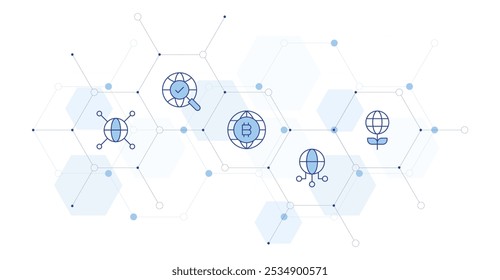Globale Banner-Vektorgrafik mit Symbolstil dazwischen. Duotone-Liniensymbol. Mit globalen, globalen Verbindungen, Handel, globale Forschung, Kommunikation.