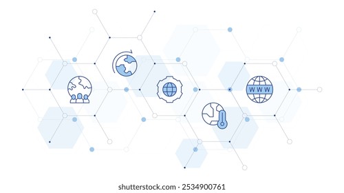 Global Banner Vector Illustration with Icon Style in Between. Line Duotone icon. Containing website, global, global shipping, global warming, worldwide.