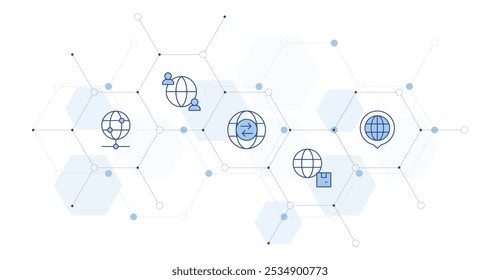Ilustración vectorial de Anuncio global con estilo de ícono en el medio. Icono de línea Duotone. Contiene global, logística, comercio, conexión, red global.