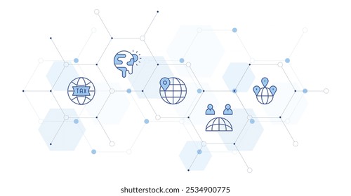 Global Banner Vector Illustration with Icon Style in Between. Line Duotone icon. Containing global, location pin, global warming, astronomy.