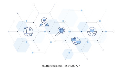 Global Banner Vector Illustration with Icon Style in Between. Line Duotone icon. Containing global, knowledge, placeholder, worldwide.