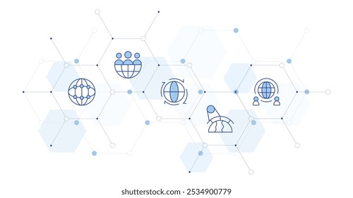 Global Banner Vector Illustration with Icon Style in Between. Line Duotone icon. Containing global, global warming, team, global network.