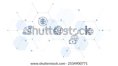 Global Banner Vector Illustration with Icon Style in Between. Line Duotone icon. Containing global, money, global network, globe, chat.