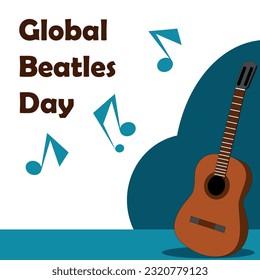 Global Beatles Day, guitar vector with shadow, blue abstract color, white background and bold text