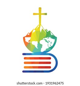Global bible cross logo vector  design with mountain. Cross on mountain with Holly book.