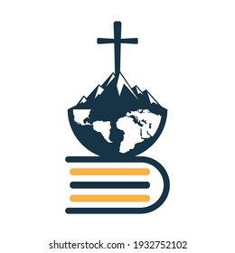 Global bible cross logo vector  design with mountain. Cross on mountain with Holy book.