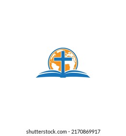 global bible cross logo vector logo design with earth globe, bible book and cross elements
