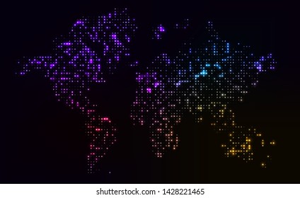 Global big data analysis visualized as glowing dotted world map. Worldwide spreading of contemporary communications and technologies