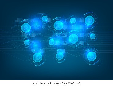 Global Bitcoin Crypto Currency Blockchain Technology World Map Background.