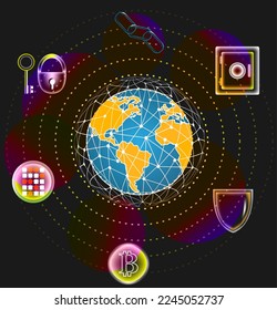 Global bitcoin crypto currency blockchain technology vector illustration. Digital assets, NFT typography, virtual security, futuristic metaverse concept