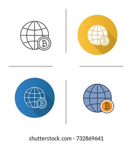 Global bitcoin icon. Flat design, linear and color styles. Cryptocurrency. Globe with bitcoin sign. Isolated vector illustrations