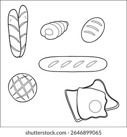 Wereldwijde brood- en sandwichvectorset voor bakkerijmenu's, websites en foodblogs. Beschikt over baguette, pain au chocolat, zuurdesem, meloen pan, ei gebakken sandwich. Essentiële bakkerij illustraties.