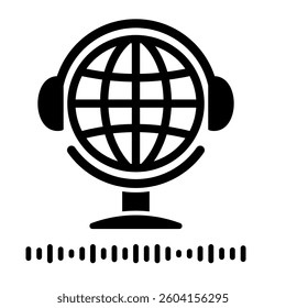 Global broadcast podcast icon. Planet Earth as a studio microphone with headphones and voice audio sound waves. Vector on transparent  background