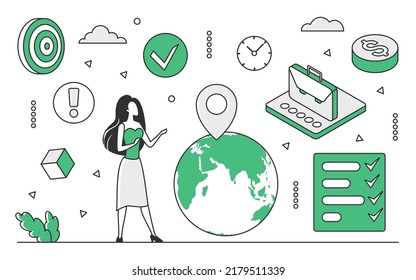 Global business analysis expert. Data research and investigation process monocolor vector illustration