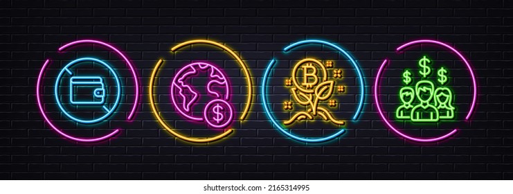 Global business, Bitcoin project and Wallet minimal line icons. Neon laser 3d lights. Salary employees icons. For web, application, printing. Vector