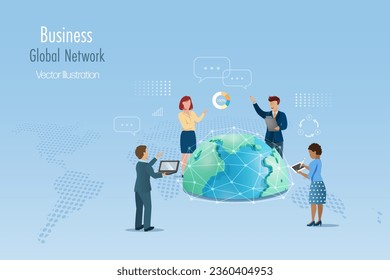 Global business communication network. Business team discussing and brainstorming with worldwide network connecting on globe. Tele communication and business real time wireless technology. Vector.