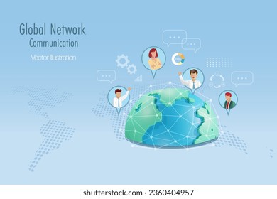 Global business communication network. Business team online meeting with worldwide network connecting technology. Tele communication and business real time wireless technology. Vector.