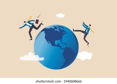 Global business competitor, innovation that change the agile world, international working abroad concept, businessman compete by running away and catch each other on the world, planet earth.