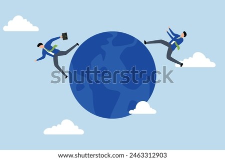 Global business competitor, merchant competes by escaping and catching each other on globe.