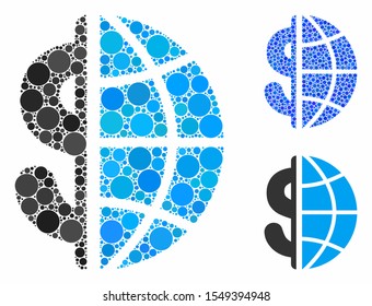 Global business composition of filled circles in variable sizes and color hues, based on global business icon. Vector small circles are united into blue composition.