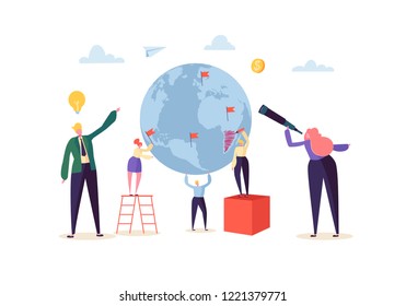 Global Business Concept with Characters Working Together. People Communicating in Work Process. Creative Teamwork Cooperation Worldwide Business. Vector illustration