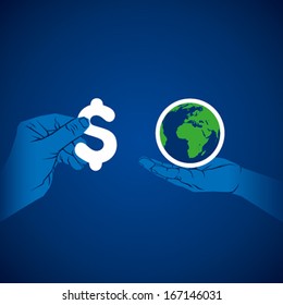 global business concept, dollar currency and world in hand vector