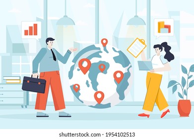 Concepto de negocio global en diseño plano. Empleados de empresas internacionales en el lugar de trabajo. Hombre y mujer por un mundo enorme con marcas. Ilustración vectorial de caracteres de personas para la página de inicio