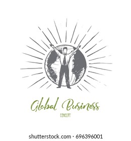 Global business concept. Hand drawn businessman holding hand up. Man in front of Earth isolated vector illustration.