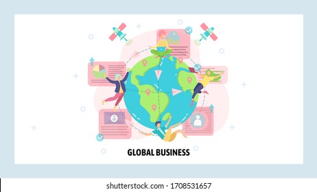 Global business concept. International communication, business team, satellite network. Vector web site design template. Landing page website illustration.