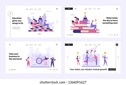 Global Business Concept Landing Page Set. Teamwork Cooperation with Business People Characters. Online Education with Man and Woman Reading Books for Banner, Website, Web Page Vector Flat illustration