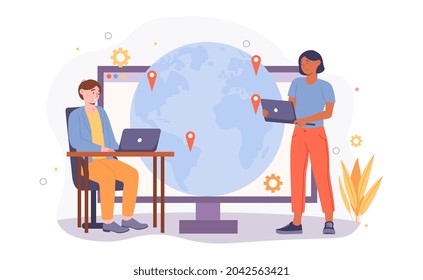 Global business concept. Man and woman work on laptops in different locations around world. Employees of global corporation in workplace. Cartoon flat vector illustration isolated on white background