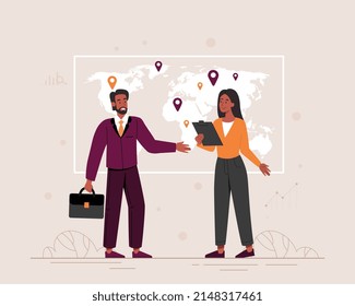 Global business concept. Man and woman conclude deal, delivery of goods to addresses, different points on map. International trade and multinational companies. Cartoon flat vector illustration