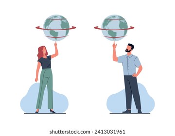 Global business concept, business man and woman spinning planet Earth on their finger. Worldwide opportunities, expanding and conquering market, globalization vector cartoon flat illustration