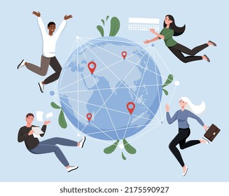 Global business concept. Men and women from different parts of earth communicate. International company. Characters from different countries working on same project. Cartoon flat vector illustration
