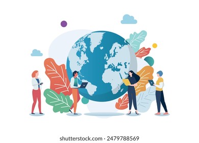 Global business concept. People with Earth globe on the background. Earth day concept. Vector illustration 