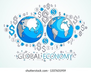 Global business concept, planet earth with dollar icons set, international economy, currency exchange, internet global network connection, vector, elements can be used separately.