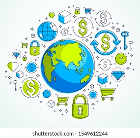Global business concept, planet earth with dollar icons set, international economy, currency exchange, internet global network connection, vector, elements can be used separately.