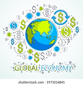 Global business concept, planet earth with dollar icons set, international economy, currency exchange, internet global network connection, vector, elements can be used separately.